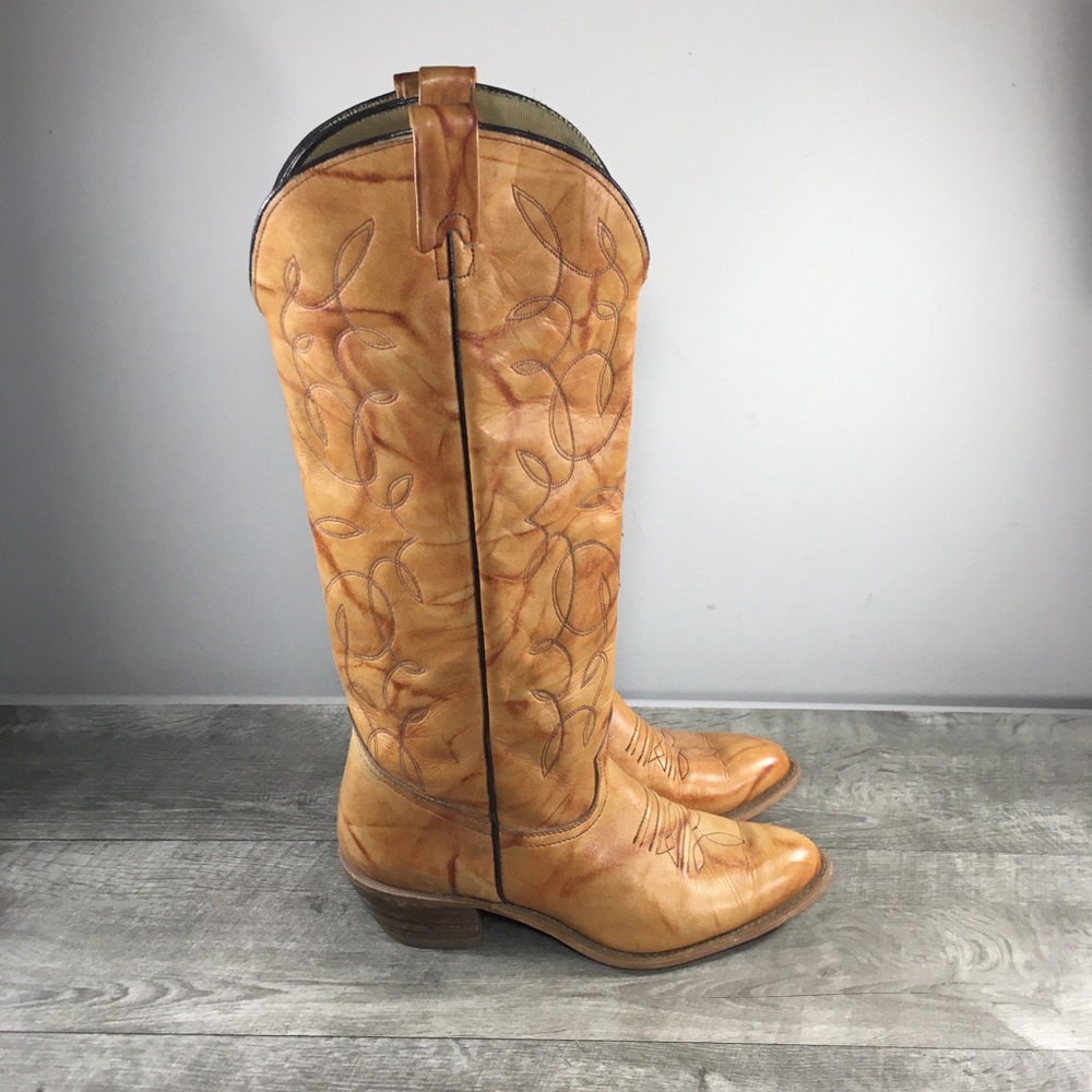 Women's Texas Western Marbled Leather Riding Stacked Heel Campus Boots Size 9 M